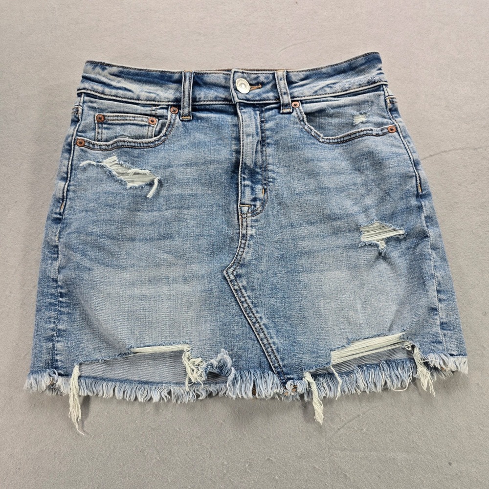American Eagle Super Stretch Distressed Denim Mini Skirt Light Wash Size 6 - Picture 1 of 8